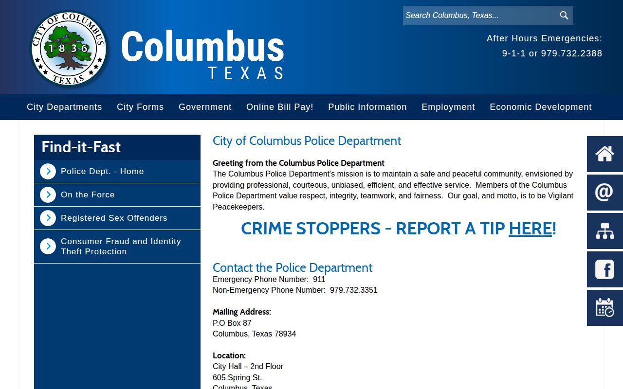 Screenshot of the official Columbus Police Department page