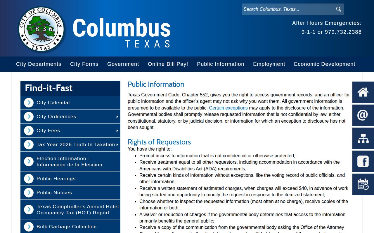 Screenshot of the City of Columbus public information request page