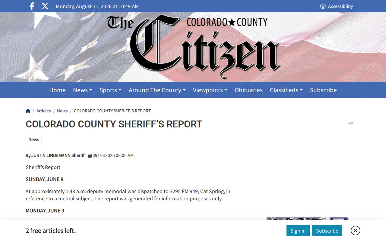 Colorado County Citizen Sheriff’s Report webpage