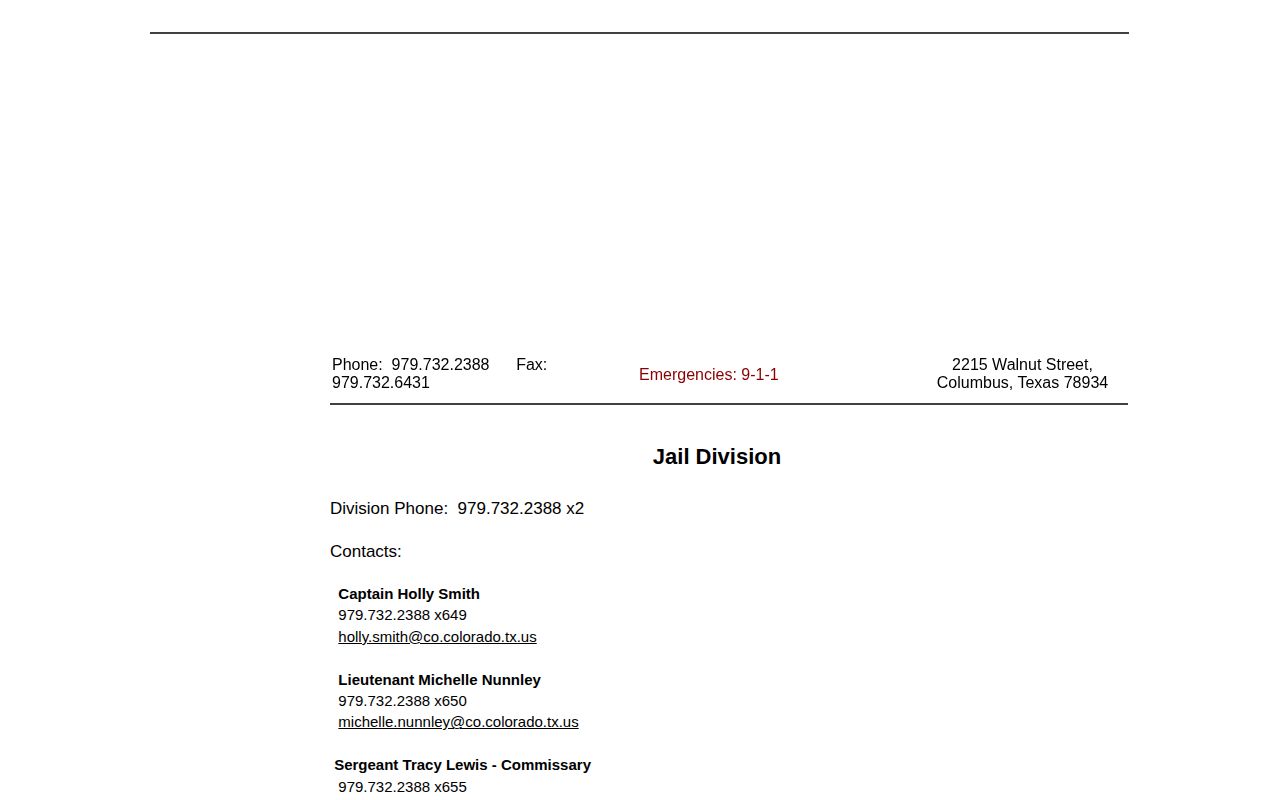 Colorado County Jail Division contact page for custody and booking record questions