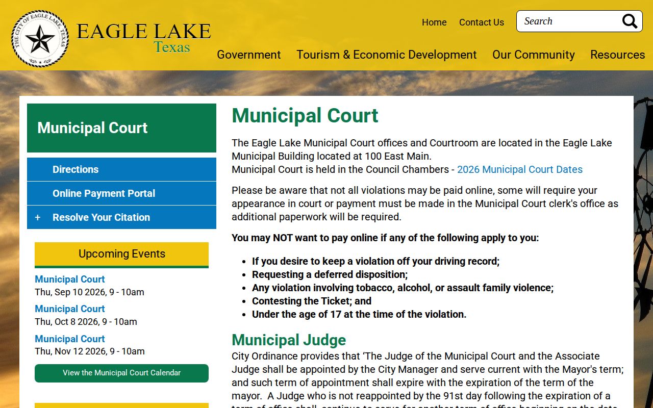 Screenshot of the official Eagle Lake Municipal Court page