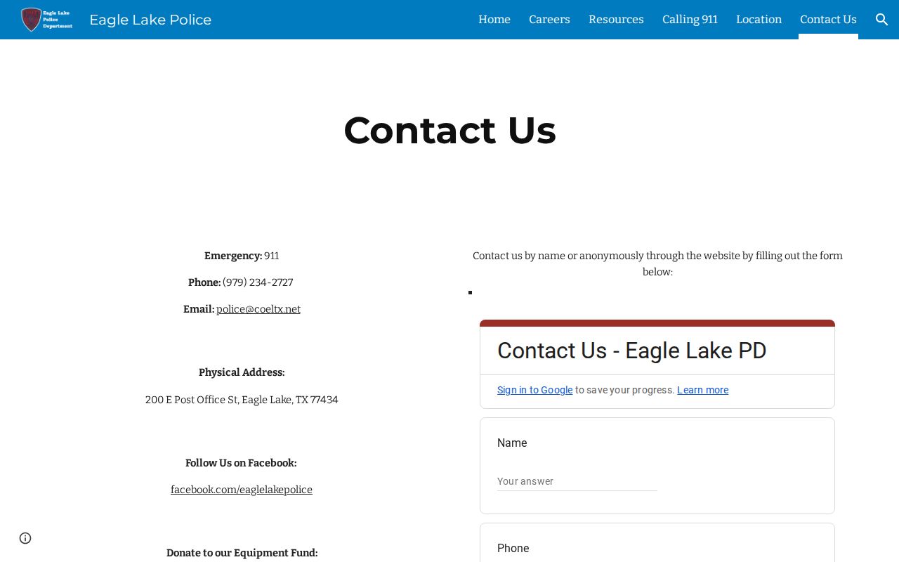 Screenshot of the official Eagle Lake Police Department contact page